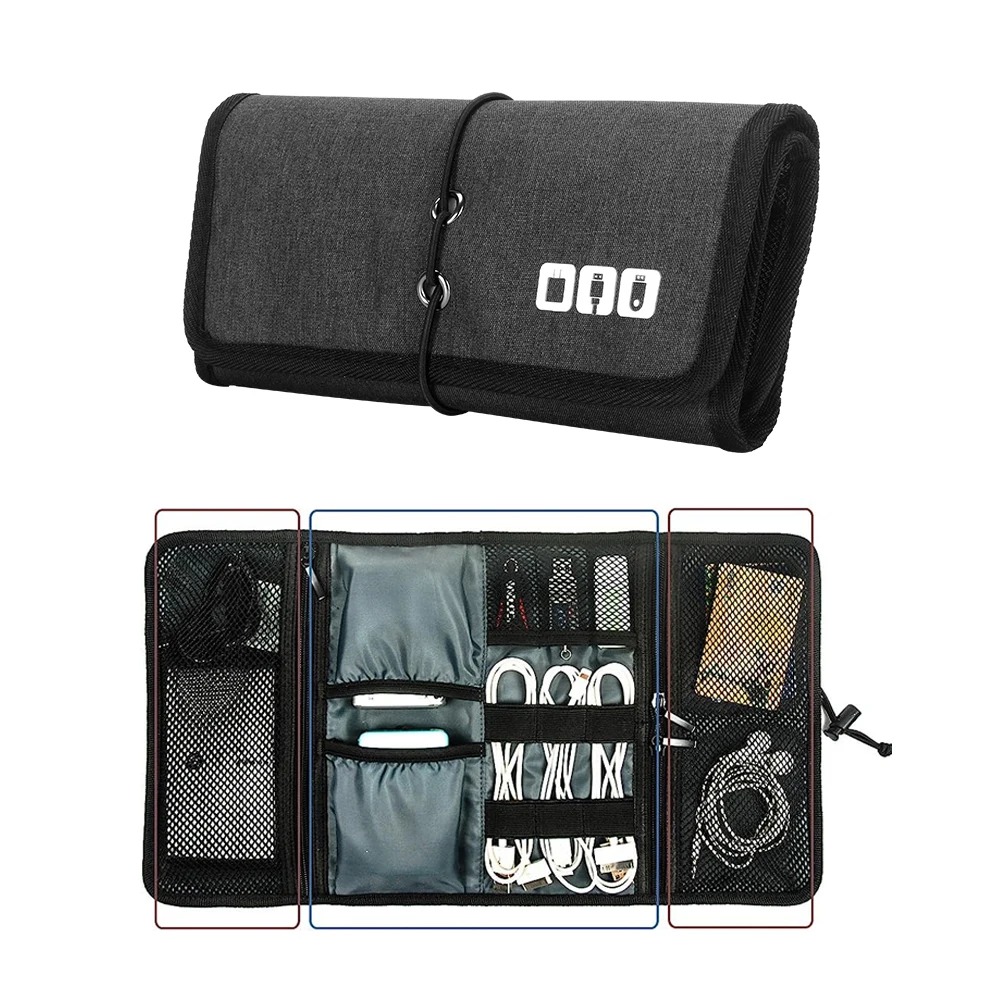 Tech Accessories Travel Organizer Pouch - 電子オーガナイザーコードポーチ、トラベルケーブル、充電器、電話アクセサリーバッグ、USBケーブル用ロールアップテクニカルキャリングケース