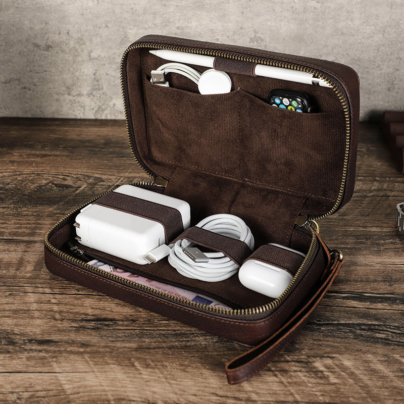ヴィンテージブラウン本革製テックオーガナイザーバッグ、多ポケ - Tech Accessories Case のレビューと価格